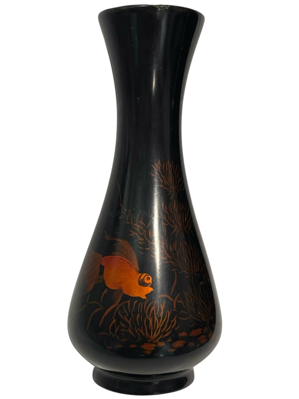Vintage 1950s Vietnamese Black Lacquer Wood Vase Decorated Hand Painted Goldfish